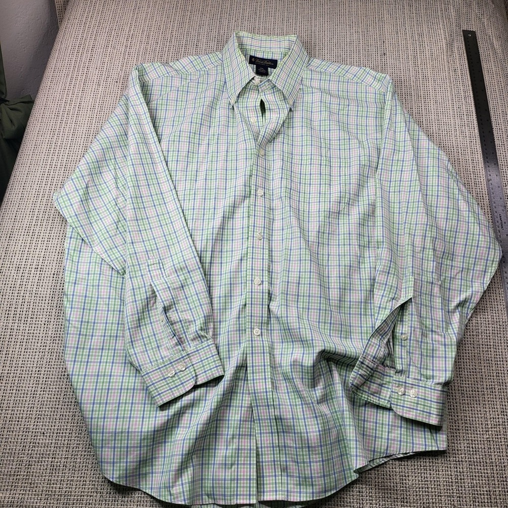 Brooks Brothers Dress Shirt Mens 2XL Green Plaid Regular Non Iron Long Sleeve